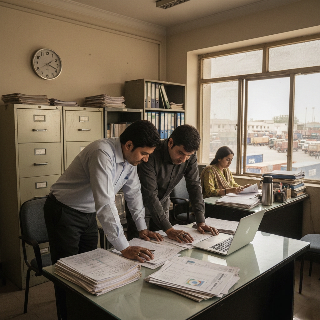 Pakistani industrial and logistics environment with managers reviewing operations