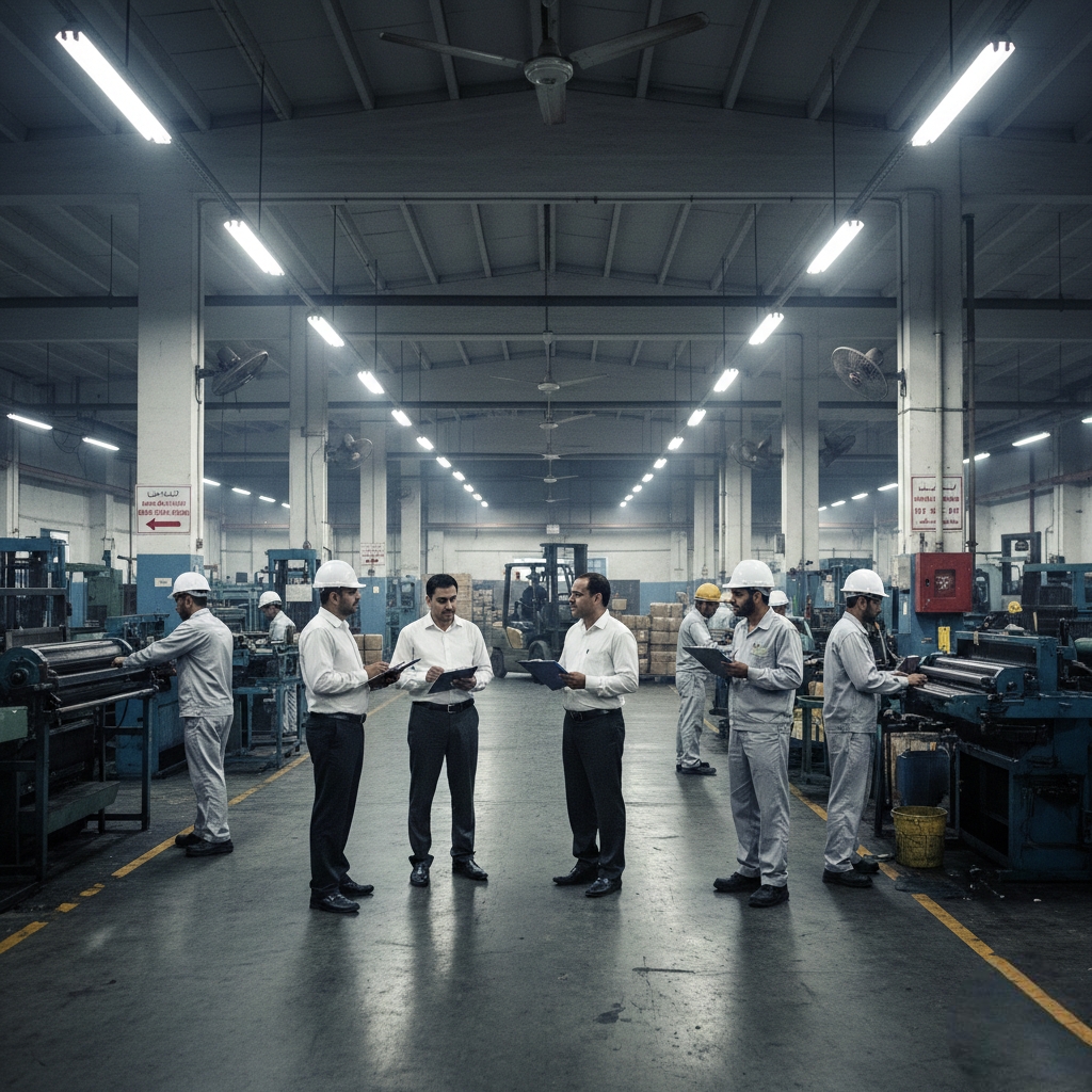 Pakistani industrial operations floor with supervisors reviewing workflow