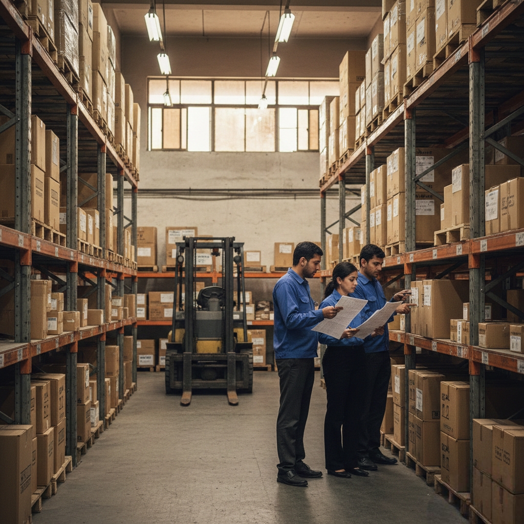 Pakistani warehouse with labelled aisles and supervisors checking accuracy